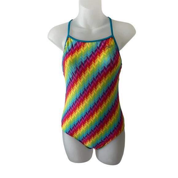 Speedo big girl Revivable Multicolored Rainbow Chevron one piece swimsuit 14 EUC - Picture 1 of 14